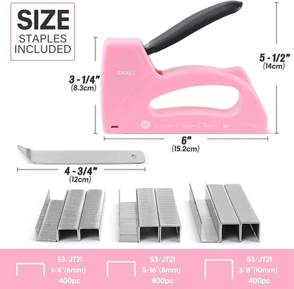 SHALL Light Duty Staple Gun for Wood - Pink Upholstery Staple Gun with 1600pcs JT21 Staples 1/4, 5/16, 3/8 inch and Staple Remover - Women Staple Gun for Crafts, Fabric Stapler Gun for DIY, Decoration