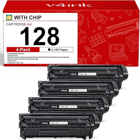 v4ink Compatible Toner Cartridge Replacement for Canon 128 CRG128 Toner Cartridge for Canon ImageCLASS D530 D550 LBP6230DW MF4770N MF4890DW MF4880DW Faxphone L100 L190 Laser Printer(Black,4-Pack)