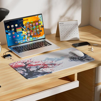 Large Sakura Mouse Pad, Japanese Cherry Blossom Desk Mat, Pink Extended Non-Slip Keyboard Mouse Pad Waterproof Office Desk Pad 23.6"x11.8" Anime Mouse Pads Desktop Protector for Office Home