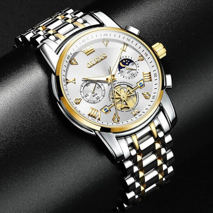 OLEVS Men Silver Watches,Men's Stainless Steel Chronograph Watch,Man Analog Quartz Big Face Male Watches Luxury Waterproof Roman Numeral Dress Diamond Relojes para Hombre