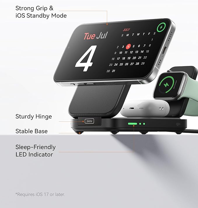 INIU 3 in 1 Wireless Charging Station, Qi2 Certified 15W Travel Charger for Apple Multiple Devices, Foldable Magnetic Wireless Charger Stand for iPhone 17 16 15 14 13 12 Series Apple Watch AirPods