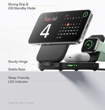 INIU 3 in 1 Wireless Charging Station, Qi2 Certified 15W Travel Charger for Apple Multiple Devices, Foldable Magnetic Wireless Charger Stand for iPhone 17 16 15 14 13 12 Series Apple Watch AirPods