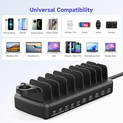 320W Charging Station for Multiple Devices, 10 Ports Fast Multi-Device Charger Organizer Compatible with MacBook Pro Laptop, iPhone, Android, Ipad, Tablet, Kindle, Multi-Device Charging Dock（Black）