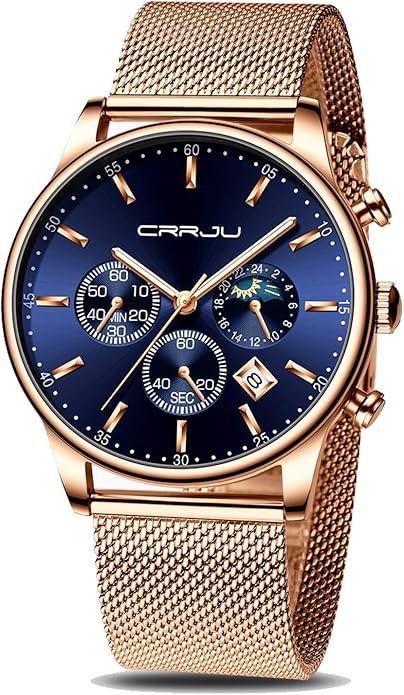 CRRJU Men's Fashion Casual Watches Auto Date Chronograph Watch Men Nice Work Watches Waterproof 30M Full Steel Quartz with Mesh Strap