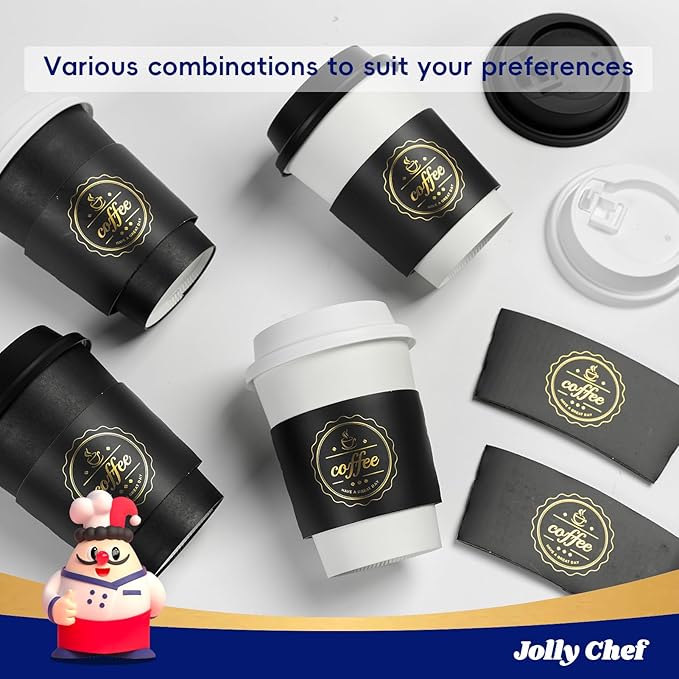 JOLLY CHEF 100 Pack 12 oz Disposable Coffee Cups Hot Beverage Paper Coffee Cups with Lids, Sleeves and Stirrers (Black and White)