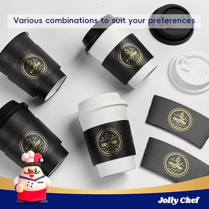 JOLLY CHEF 100 Pack 12 oz Disposable Coffee Cups Hot Beverage Paper Coffee Cups with Lids, Sleeves and Stirrers (Black and White)