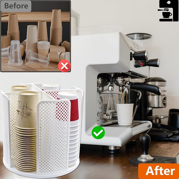 Cup and Lid Organizer Rotatable Coffee Cup Dispenser fit 5-16oz Cups Organizer, Paper Cup Storage Holder with 4 Compartment, Plastic Cup Rack for Countertop, Coffee Shop, Bar, Office White