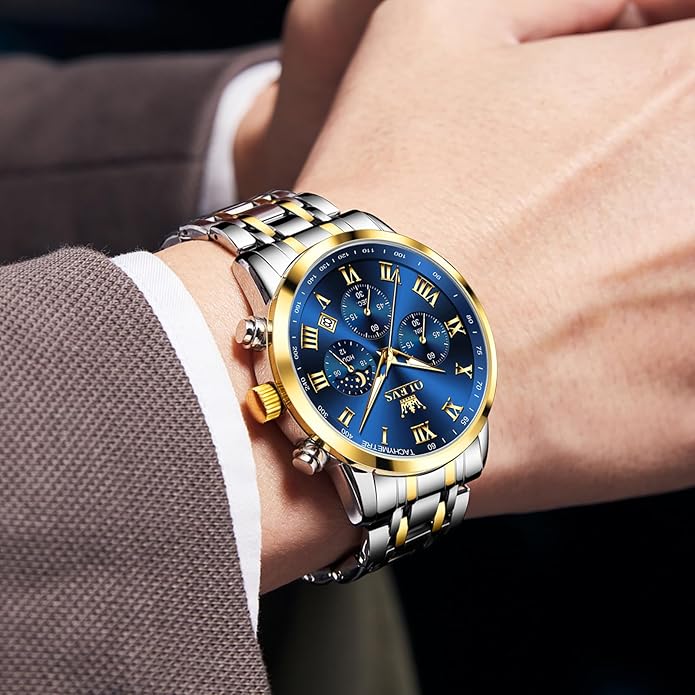 OLEVS Mens Stainless Steel Chronograph Watch, Big Face Roman Numerals Date Analog Quartz Dress Watches for Men, Fashion Multifunctional Waterproof Luminous Hands Men's Wristwatch