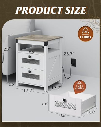 WLIVE Nightstand with Charging Station, Farmhouse End Table, Bed Side Table with 2 Storage Drawers and Open Shelf, Wood Rustic Nightstands for Bedroom, Living Room, White and Greige