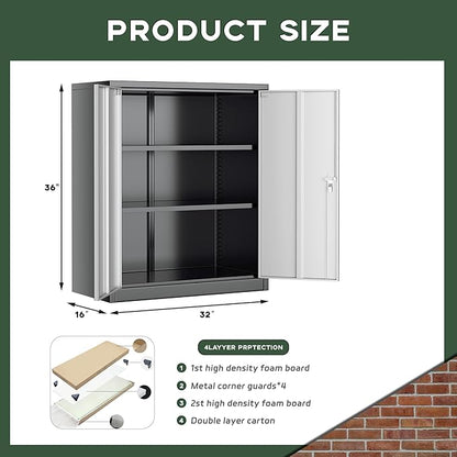 Greenvelly Metal Cabinet, 36" Locking Storage File Cabinet with Doors and Shelves for Office,Home,Gym,School,Kitchen(Black Grey)