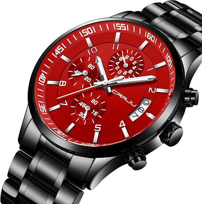 CRRJU Men's Fashion Stainless Steel Watches Date Waterproof Chronograph Wristwatches,Black Steel Band Waterproof Quartz Watch for Men