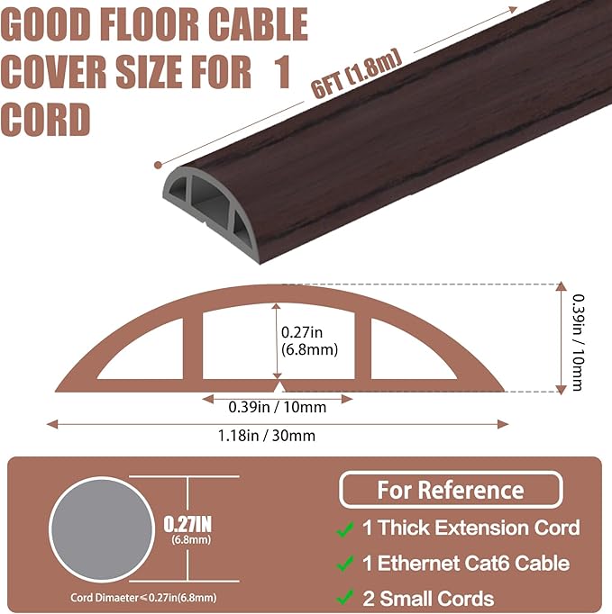 Floor Cord Covers for Wires 6FT Cable Hider Wire Cover Self Adhesive Cord Hider Floor for Offices, Homes, Workshops, Warehouses Cable Cavity 0.39" W x 0.27" H