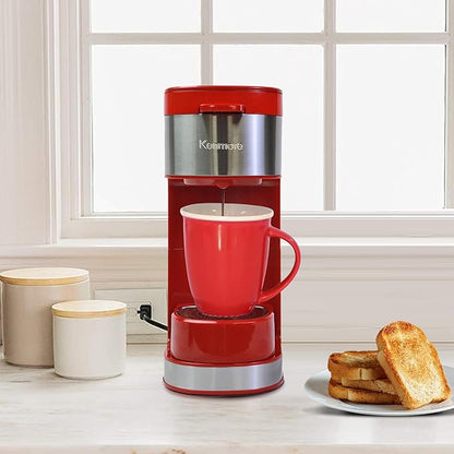 Koolatron Kenmore Single Serve Coffee Maker & Stainless Steel Travel Mug, Capsule/Pod & Ground Coffee Brewing, K Cup Compatible, Hot & Iced Coffee Machine, 6 to 14 Oz Brew Sizes, Auto Shut-Off, Red