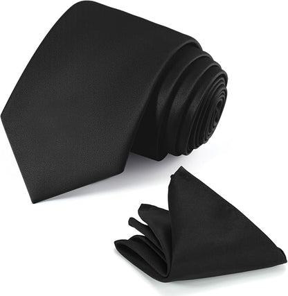 Black Tie Set in Gift Box Mens Solid Color 3.15" (8CM) Black Necktie and Pocket Square Set