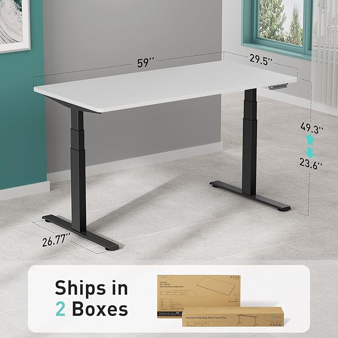 Pro 3 Stages Dual Motor 59 x 30 in Electric Standing Desk with One Piece Desktop, Adjustable Height, Sit to Stand Up Desk for Home Office, Work Study, Black Frame & White Desktop (2 Packages)
