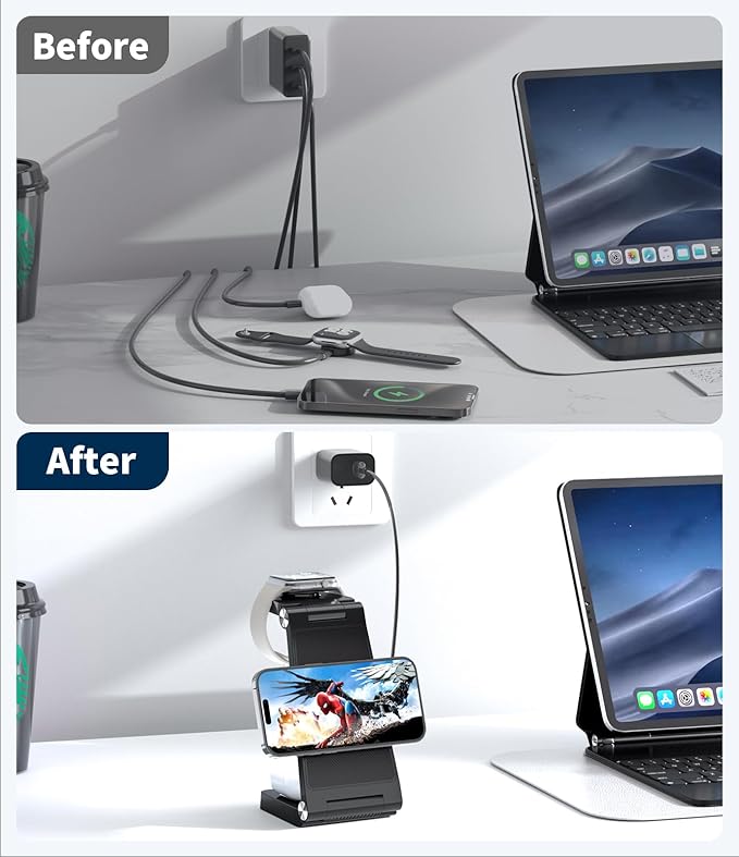 Magnetic Wireless Charging Station, 3 in 1 Fast Max Charging for Smartphone,Watch,TWS - Space-Saving Multi-Device Stand (Black)