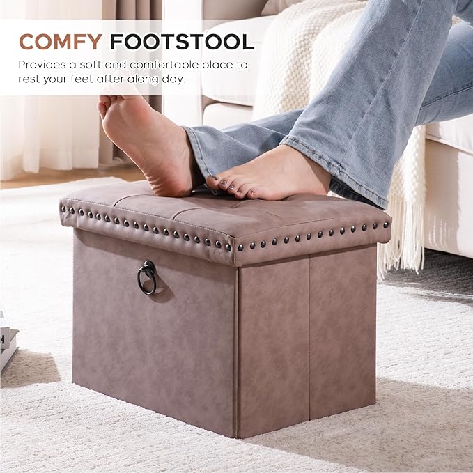 16 Inches Folding Cube Storage Ottoman, Small Leather Foot Rest Stool with Button Tufted Rivet Design, Footstool Bench, Ottoman with Storage for Living Room, Coffee Table 242 lbs, Oak Brown