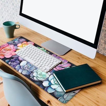 Succulent Plants Desk Pad Mouse Pad Colorful Floral Botanical Art Extended Gaming Mouse Pad Mat with Stitched Edge Non-Slip Base Big Mousepad 31.5"x11.8"