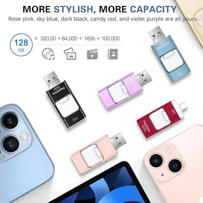 Thumb Drive for iPhone 128GB, 4 in 1 USB Type C Memory Stick, Photo Stick External Storage Falsh Drive for iPhone iPad Android Computer, Sky Blue