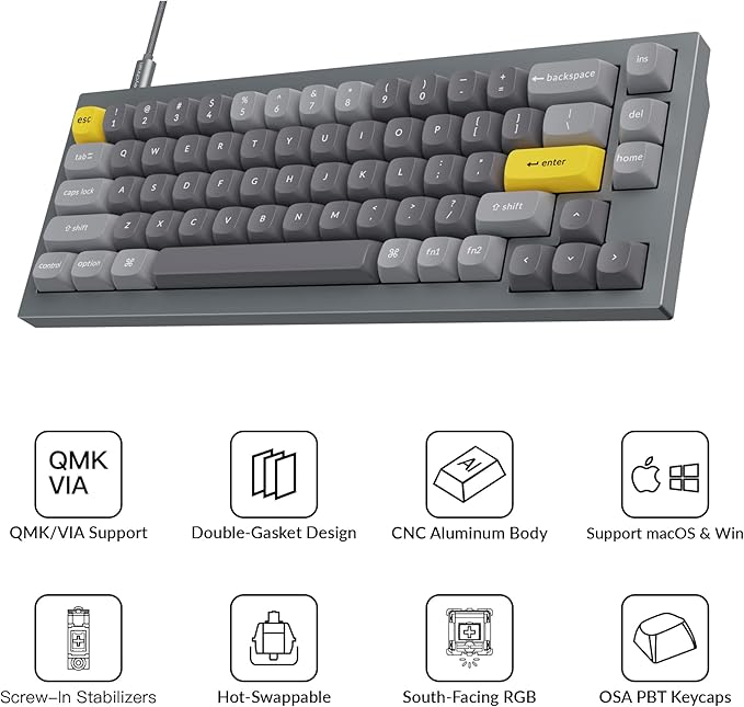 Keychron Q2 Wired Custom Mechanical Keyboard, QMK/VIA Programmable Macro, Full Aluminum, Hot-Swappable Gateron G Pro Brown Switch, 65% Layout Double Gasket Compatible with Mac and Windows - Grey