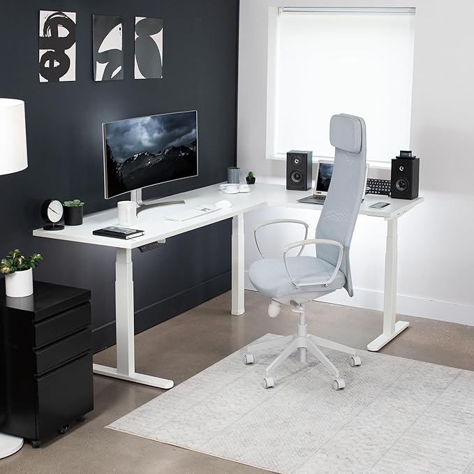 VIVO Electric 78 x 55 inch Square Corner Memory L Shaped Stand Up Desk, White Table Top, White Frame, Corner Height Adjustable Workstation, 3E-S Series, DESK-KIT-3E5SW