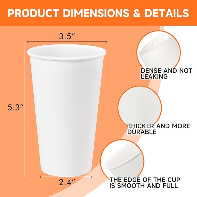 100 Pack Disposable Coffee Cups 16 oz, White Paper Cups, Hot Beverage Drinking Cups for Coffee, Water, Tea, Juice, Espresso