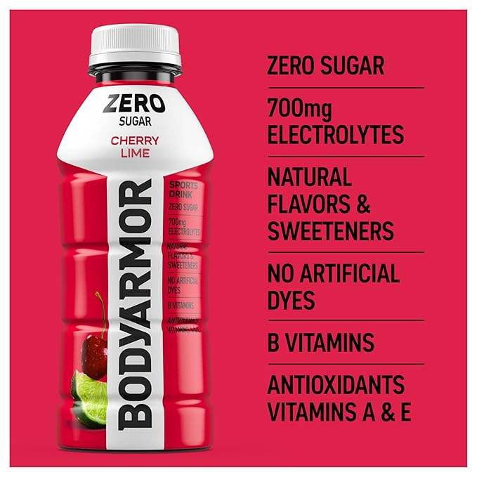 BODYARMOR ZERO Sugar Cherry Lime, Sugar Free Sports Drink - Low-Calorie Hydration - Natural Flavors with Potassium Packed Electrolytes, Antioxidants, and B-vitamins, 16 fl oz (pack of 12)