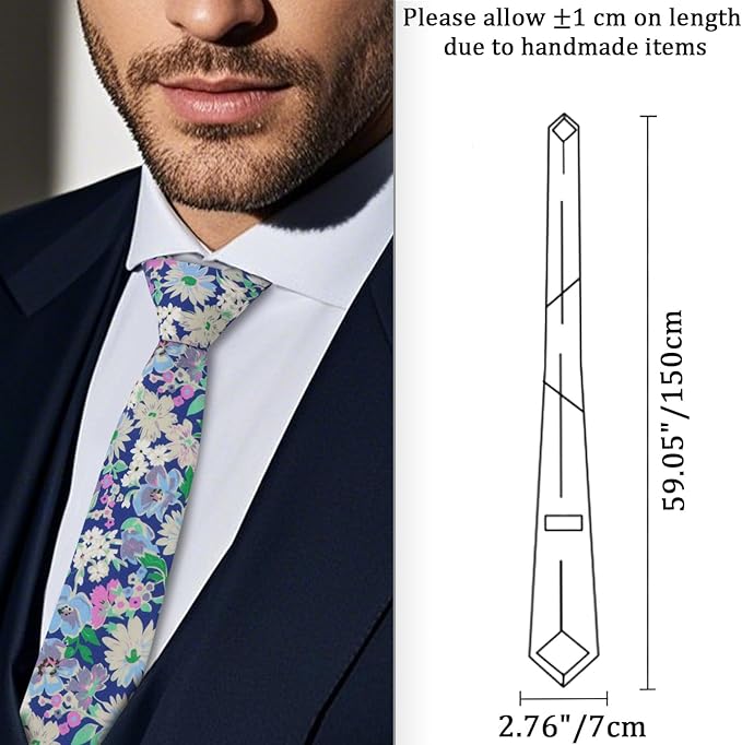 Cotton Floral Ties for Men 2.76" Men's Skinny Tie Linen Flower Printed Neck Tie for Wedding Dating Party