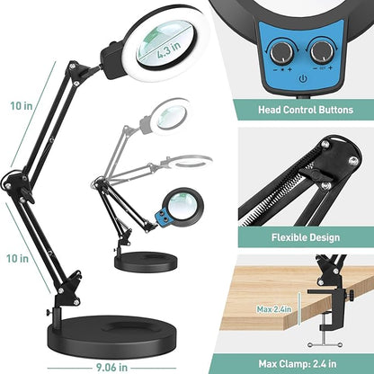 10X Magnifying Glass with Light and Stand, Upgraded Any Color Modes & Stepless Dimming Magnifying Lamp, 2-in-1 Hands Free LED Lighted Magnifier Desk Lamp for Craft Sewing Close Work-Blue Label