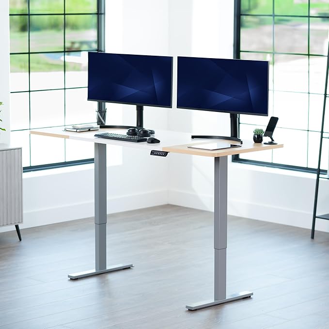 VIVO Electric 71 x 30 in Standing Desk, Memory Height Adjustment, 1B Series, White and Light Wood, Top Gray Frame, DESK-KIT-1G7WC
