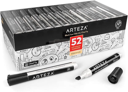 Arteza Black Dry Erase Markers, Bulk Pack of 52 Whiteboard Markers, Chisel Tip, Low-Odor Ink, Long-Lasting & Easy-to-Erase, Ideal for School, Office, Homeschooling and Teachers