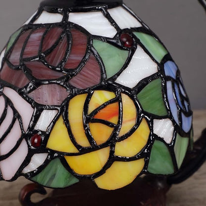 Bieye L10036 Rose Tiffany Style Stained Glass Table Lamp with 6-inch Wide Lampshade Hanging on The Cast Iron Base (Pink)