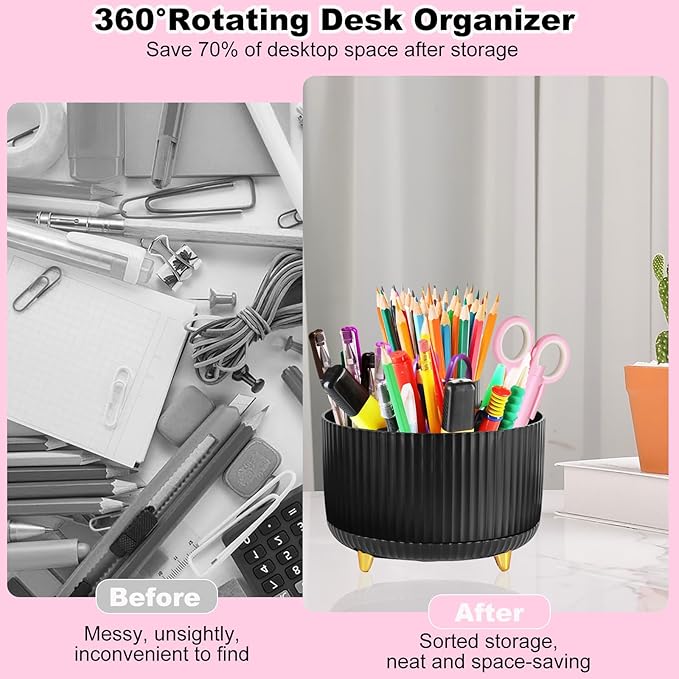 Desk Organizers and Accessories Set with 360-Degree Rotating Pen Holder, Tape Dispenser, Stapler, Staple Remover, 1000 Staples, Tape, Clips Set, Ruler, Scissor, Pen (Black, 10 Pcs Set)