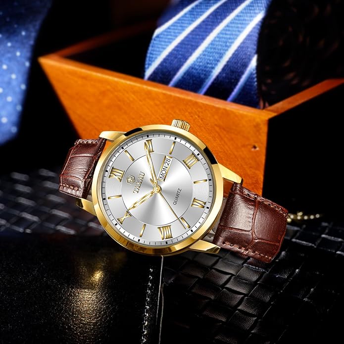 Men's Watch Big Face Easy Read Arabic Numeral Dress Watches for Men Classic Black Brown Leather Band Analog Mens Wrist Watch with Day and Date Fashion Business Waterproof Luminous Quartz Watch