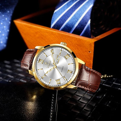 Men's Watch Big Face Easy Read Arabic Numeral Dress Watches for Men Classic Black Brown Leather Band Analog Mens Wrist Watch with Day and Date Fashion Business Waterproof Luminous Quartz Watch