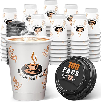 Qunclay 100 Pack 12 oz Double Wall Disposable Paper Coffee Cups with Lids, Insulated To Go Coffee Cup, Hot Drinking Cups for Daily use