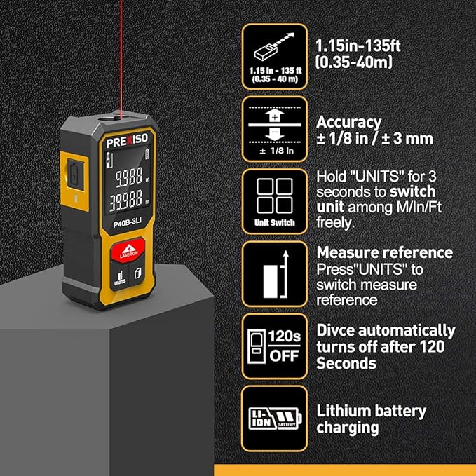 PREXISO Mini Laser Measurement Tool, 135Ft Rechargeable Laser Distance Meter Ft/Ft+in/in/M Unit, Laser Measure with High Accuracy, Pythagorean, Distance, Area, Volume Modes