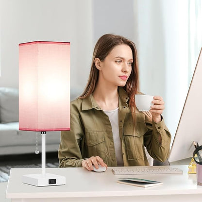 18'' Table Lamp for Bedroom set of 2,3-Color Bedside Lamps with Pull Chain Table Lamps for Night stands ,Small Night Light Lamps with 2 Bulbs Lamps for Living Room Kids Room Office Decor（Pink+White）