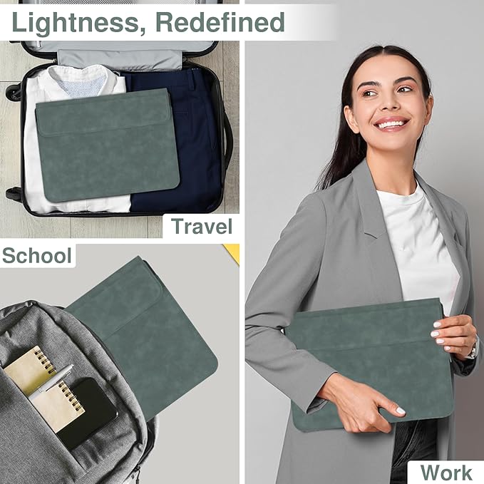 Allinside 13-14 Inch Laptop Sleeve Case for MacBook Pro 14" 2021-2024/MacBook Air 13" 2010-2017/MacBook Pro 13" 2010-2015, Waterproof PU Leather Sleeve Cover with Stand & Accessory Pouch, Dark Green