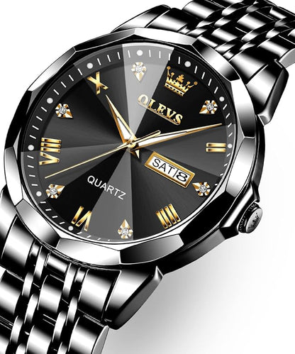 OLEVS Watches for Men Diamond Business Dress Analog Quartz Stainless Steel Date Luxury Casual Fashion Wrist Watch Waterproof Luminous
