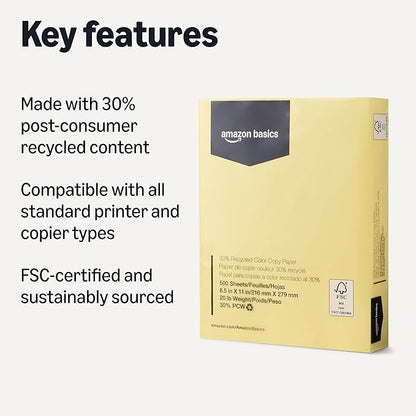 Amazon Basics 30% Recycled Color Copy Paper, 8.5" x 11", 20lb, 500 Sheets, Pastel Canary