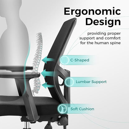 ALPHA HOME Office Chair Ergonomic, Mid Back Mesh Computer Chair with Lumbar Support Executive Stool with Adjustable Armrest & Seat Cushion, BIFMA & SGS Certified