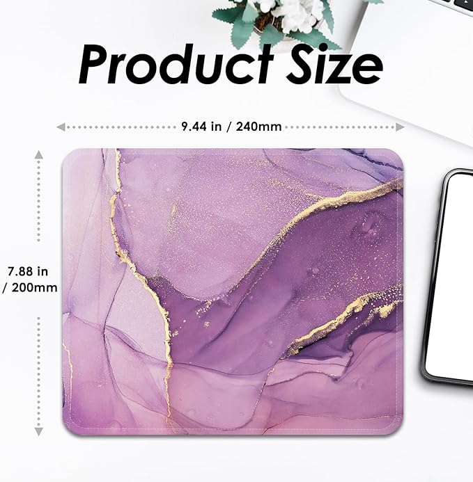 Square Mouse Pad with Stitched Edge, Premium Mousepad Washable Cloth. Computer Mouse Pad with Non-Slip Rubber Base, Mouse Pads for Computers Laptop Mouse 9.25x7.75x0.12 inch-Purple Marble