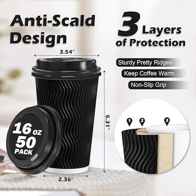 Lamosi 16 oz Disposable Coffee Cups with Lids, 50 Pack Insulated Hot Cups To Go Paper Coffee Cups with Lids and Straws, Corrugated Ripple Wall Cup for Hot Drink, Office, Coffee Bar (Black)