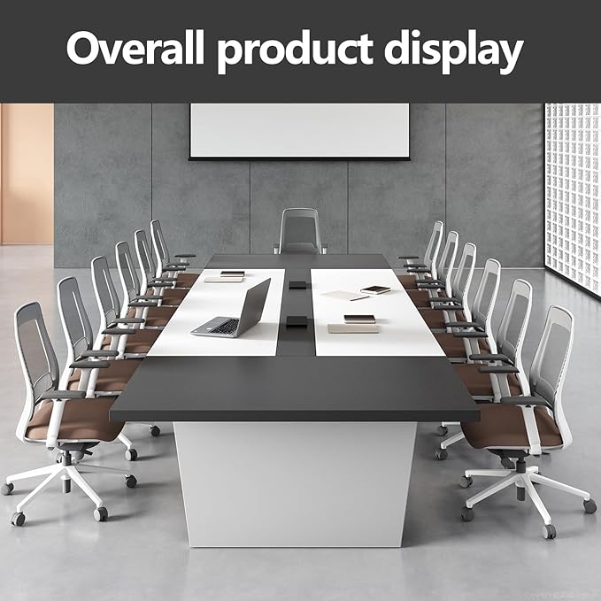 10FT Conference Table, Large Rectangular Seminar Meeting Table, Modern Conference Room Table with Cable Management & 2" Thickened DeskTop for Office Meeting (White + Grey, 118"L * 51"W * 30"H)