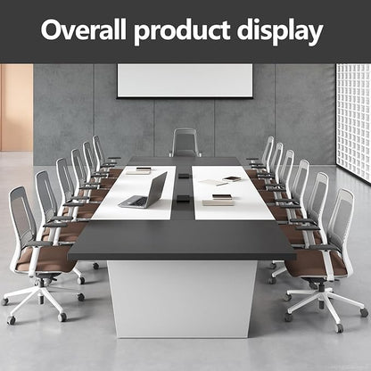 10FT Conference Table, Large Rectangular Seminar Meeting Table, Modern Conference Room Table with Cable Management & 2" Thickened DeskTop for Office Meeting (White + Grey, 118"L * 51"W * 30"H)
