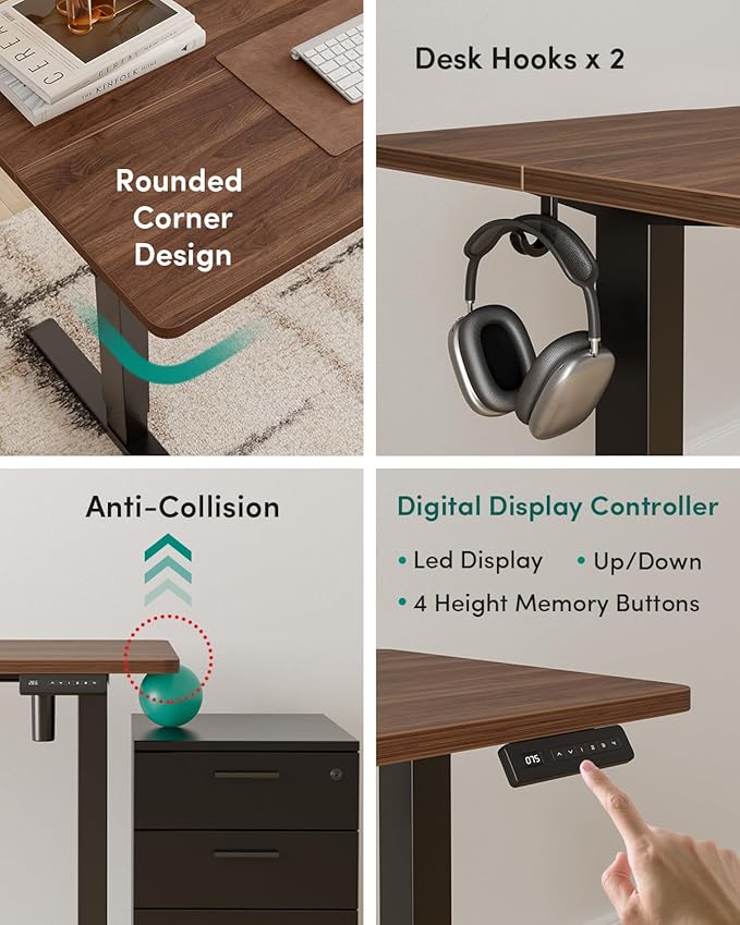 FEZIBO Standing Desk, 63×28 Inches Electric Height Adjustable, Sit Stand Up, Computer Office Desk with Splice Board, Black Frame/Black Walnut TOP
