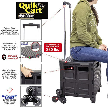dbest products Quik Cart Elite Stair Climber Wheeled Rolling Crate Teacher Utility With seat Heavy Duty Collapsible Basket With Handle, Black