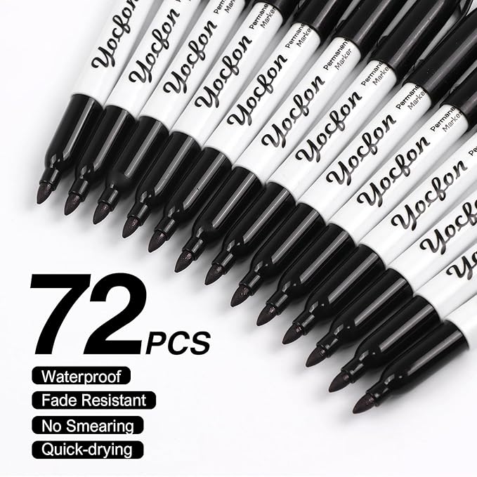 Permanent Markers, 72 Count Black Permanent Markers Set, Fine Tip, Waterproof Markers, Works On Plastic, Wood, Stone And Metal For Doodling, Marking