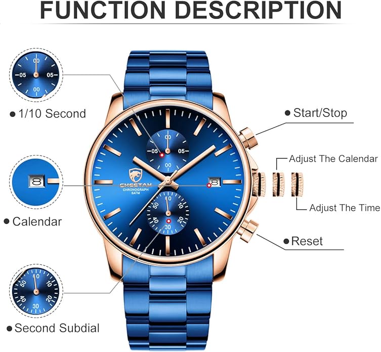 GOLDEN HOUR Fashion Business Mens Watches with Stainless Steel Waterproof Chronograph Quartz Watch for Men, Auto Date